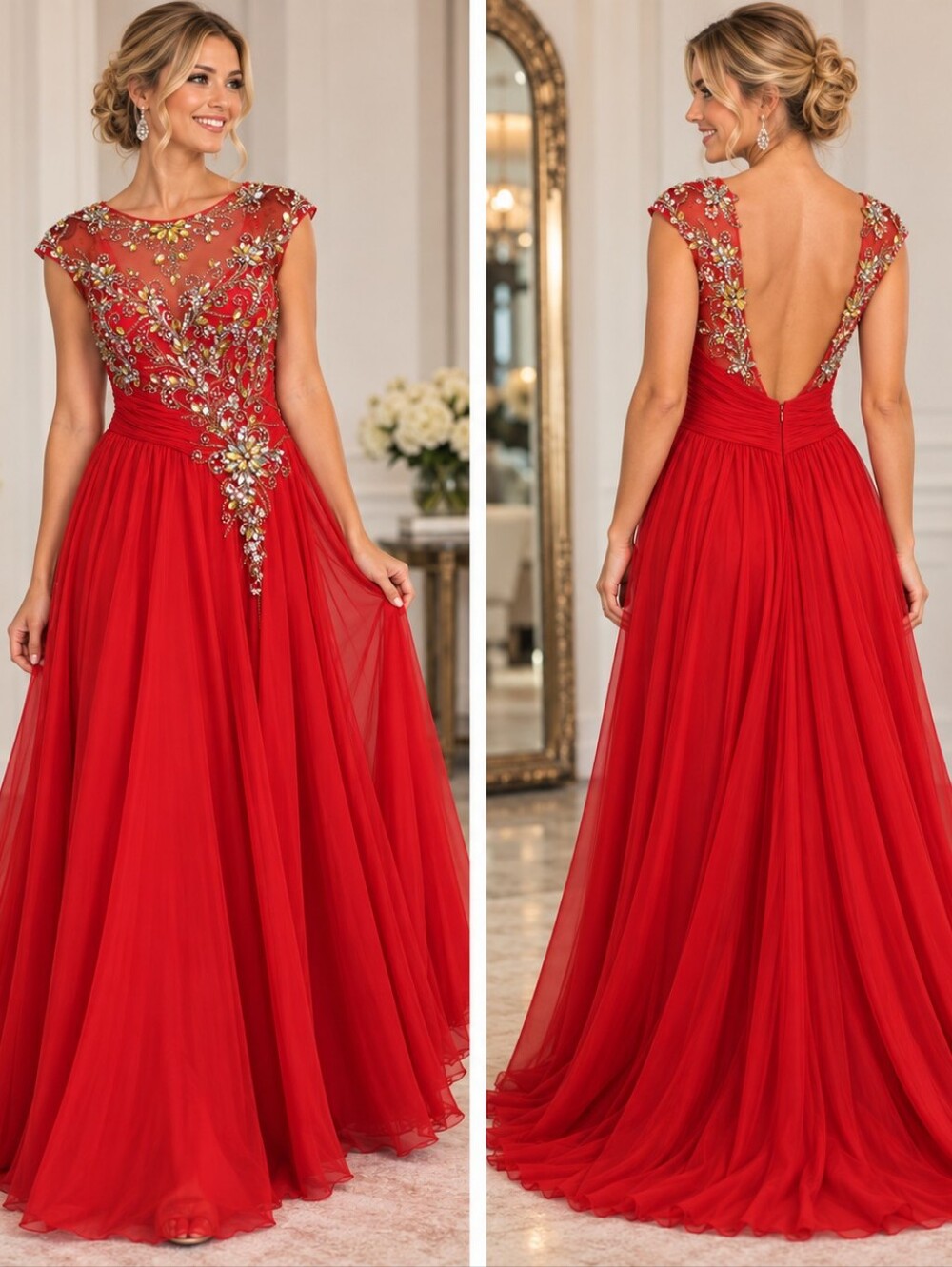 Mac Duggal Red Beaded Illusion Evening Gown